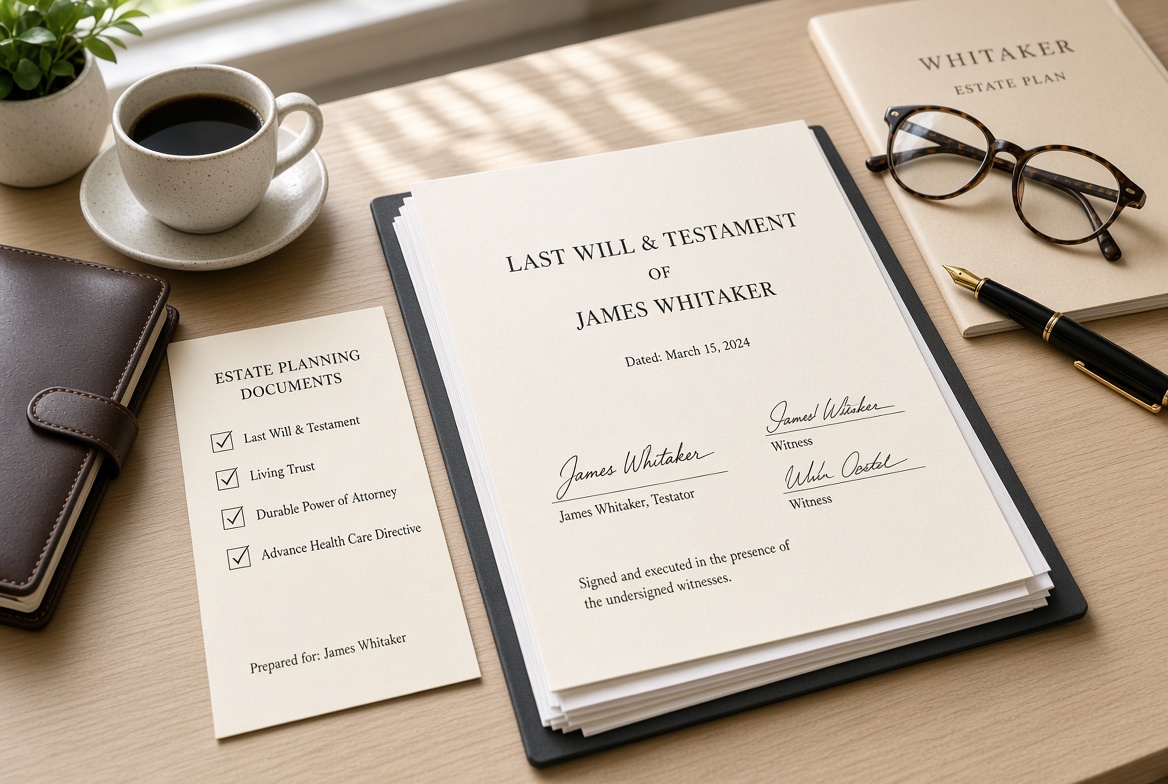 Last will and testament and estate planning documents on a desk